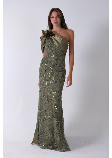 Haki Çiçek Detaylı Pul Boncuk Işlemeli Kuyruklu Abiye 9705650.23