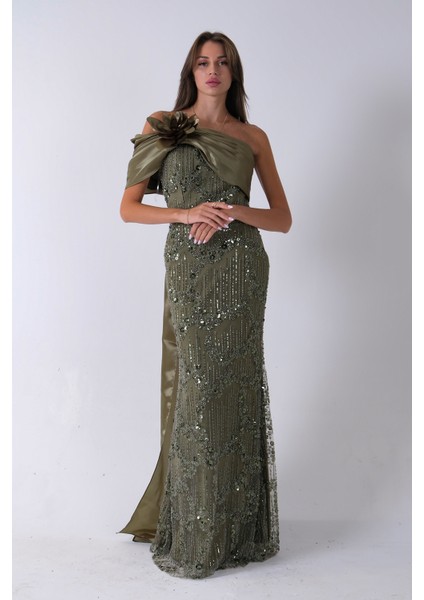 Haki Çiçek Detaylı Pul Boncuk Işlemeli Kuyruklu Abiye 9705650.23 fiyatları