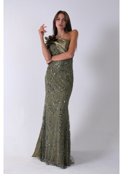 Haki Çiçek Detaylı Pul Boncuk Işlemeli Kuyruklu Abiye 9705650.23 modelleri