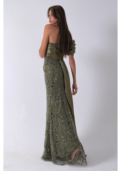 Haki Çiçek Detaylı Pul Boncuk Işlemeli Kuyruklu Abiye 9705650.23 indirimleri