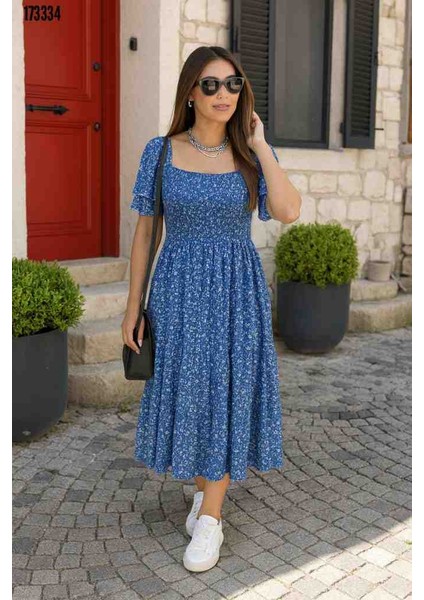 Kadın Kısa Kollu Gipe Detaylı Desenli Midi Süprem Elbise, Kırmızı Gül Figürlü Kolye Hediye