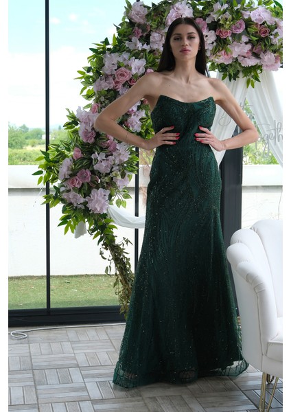 Zümrüt Taş Işlemeli Uzun Balık Abiye 0801056.123 modelleri