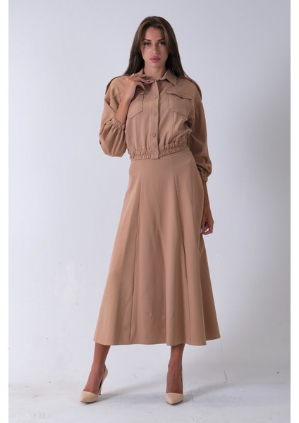 Bej Beli Lastikli Cepli Ceket ve Etek Ikili Takım 4595053.55