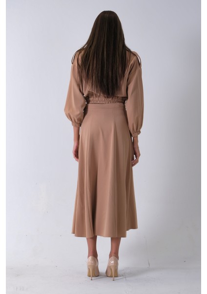 Bej Beli Lastikli Cepli Ceket ve Etek Ikili Takım 4595053.55