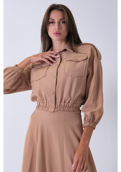 Bej Beli Lastikli Cepli Ceket ve Etek Ikili Takım 4595053.55