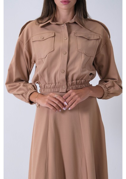 Bej Beli Lastikli Cepli Ceket ve Etek Ikili Takım 4595053.55