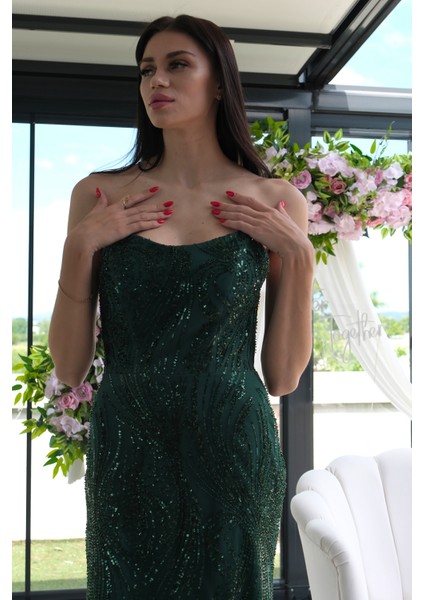 Zümrüt Taş Işlemeli Uzun Balık Abiye 0801056.123