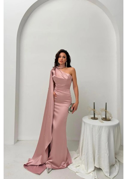 Gül Yaka Kuşak Detaylı Tek Omuz Abiye 0801099.25 modelleri