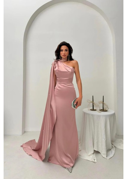 Gül Yaka Kuşak Detaylı Tek Omuz Abiye 0801099.25 fırsatları