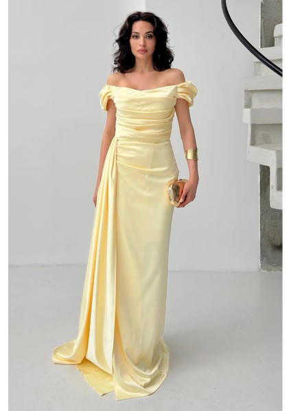 Sarı Drape Detaylı Saten Kumaş Abiye Elbise 9704858.11
