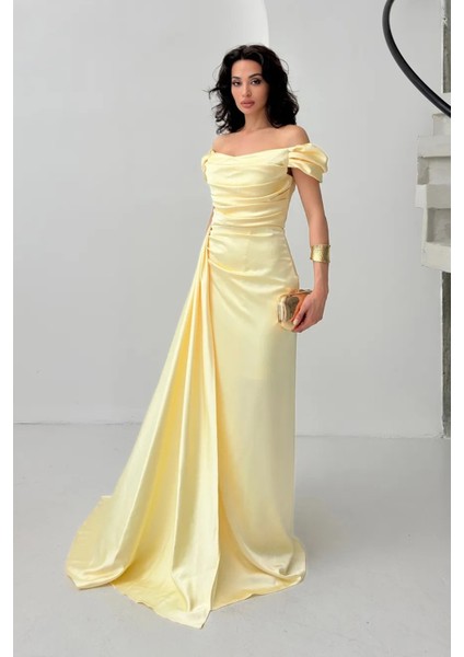 Sarı Drape Detaylı Saten Kumaş Abiye Elbise 9704858.11 fiyatları