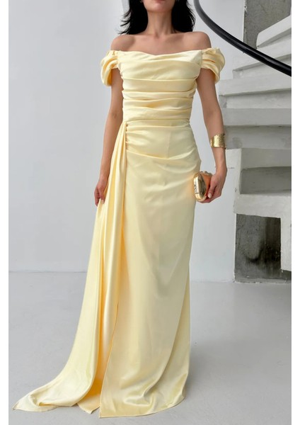 Sarı Drape Detaylı Saten Kumaş Abiye Elbise 9704858.11 modelleri