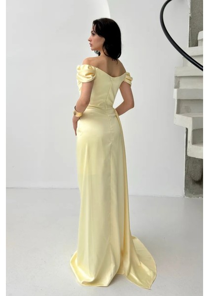 Sarı Drape Detaylı Saten Kumaş Abiye Elbise 9704858.11 fırsatları