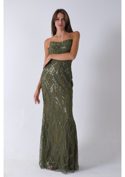 Haki Üzeri Taş Işlemeli Sırt Bağlamalı Straplez Abiye 9705498.23