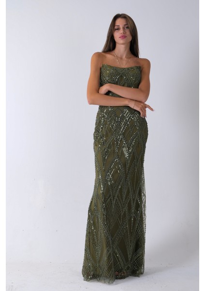 Haki Üzeri Taş Işlemeli Sırt Bağlamalı Straplez Abiye 9705498.23 fiyatları