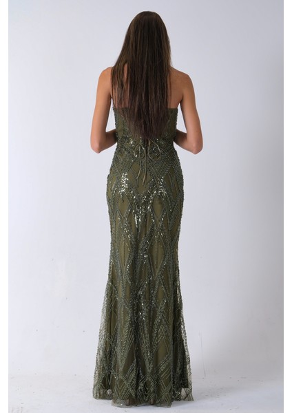 Haki Üzeri Taş Işlemeli Sırt Bağlamalı Straplez Abiye 9705498.23 indirimleri