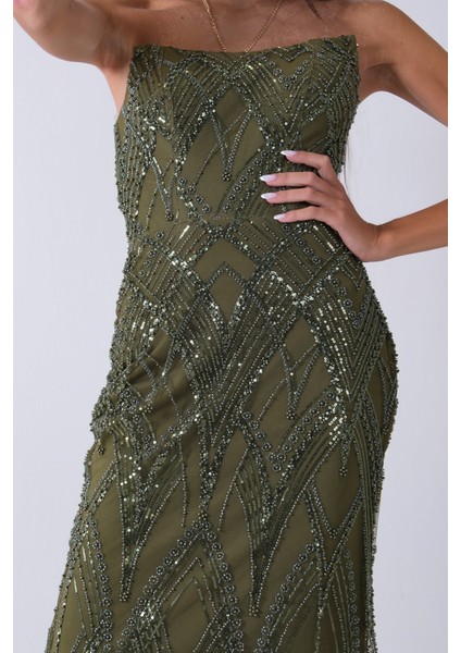 Haki Üzeri Taş Işlemeli Sırt Bağlamalı Straplez Abiye 9705498.23