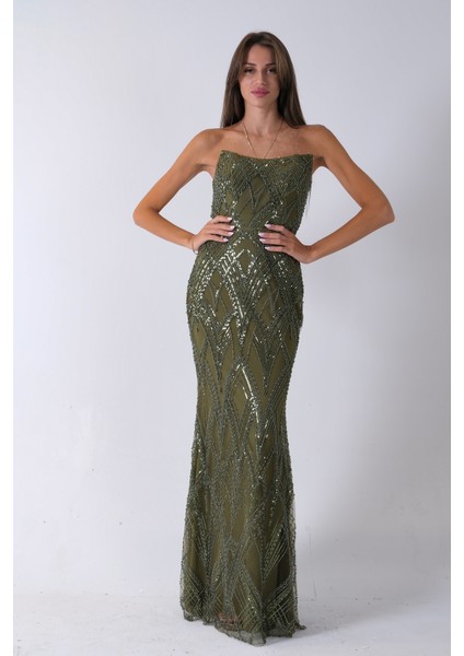 Haki Üzeri Taş Işlemeli Sırt Bağlamalı Straplez Abiye 9705498.23