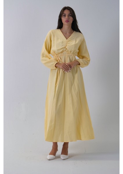 Sarı Beli Lastik Büzgülü V Yaka Bağlamalı Elbise 4593437.11 fiyatları