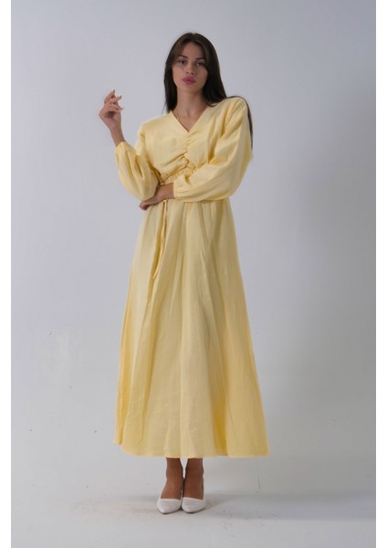 Sarı Beli Lastik Büzgülü V Yaka Bağlamalı Elbise 4593437.11 modelleri