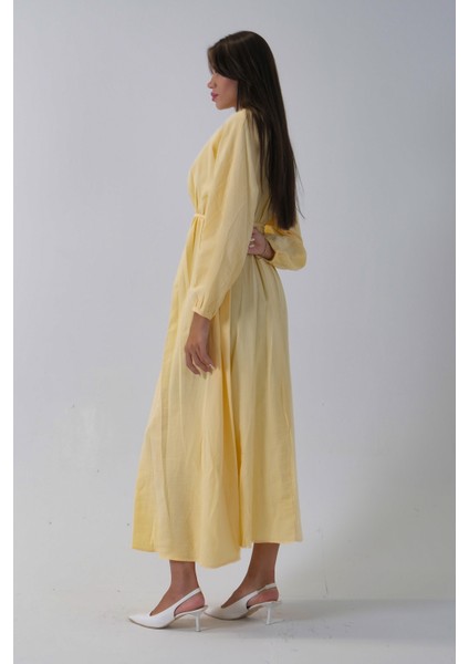 Sarı Beli Lastik Büzgülü V Yaka Bağlamalı Elbise 4593437.11 fırsatları