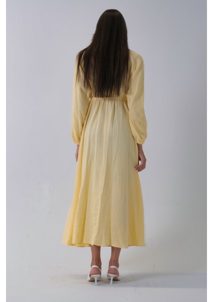 Sarı Beli Lastik Büzgülü V Yaka Bağlamalı Elbise 4593437.11 indirimleri