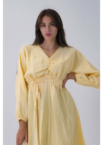 Sarı Beli Lastik Büzgülü V Yaka Bağlamalı Elbise 4593437.11