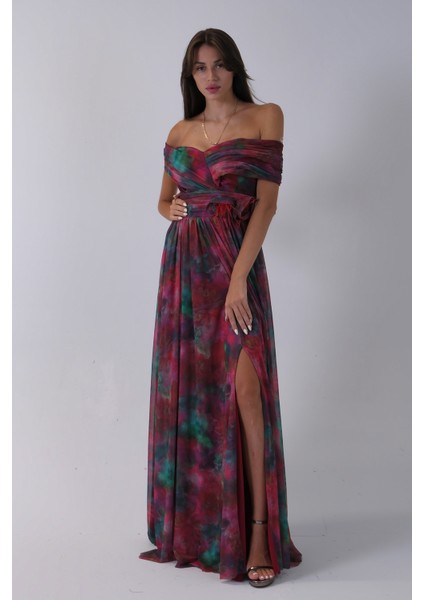 Bordo Beli Çiçek Detaylı Desenli Şifon Abiye 0801102.04