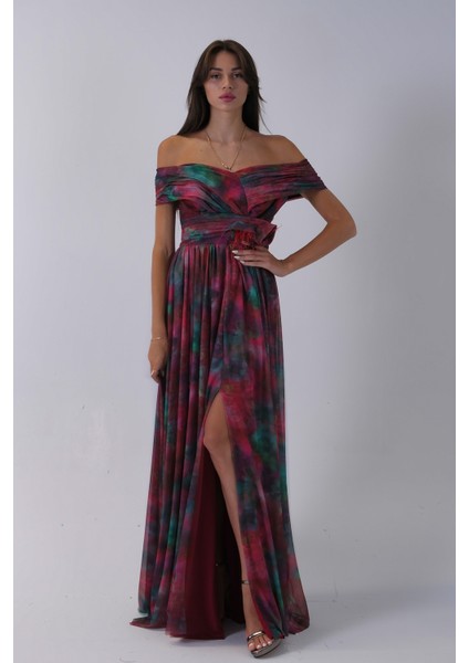 Bordo Beli Çiçek Detaylı Desenli Şifon Abiye 0801102.04 fiyatları