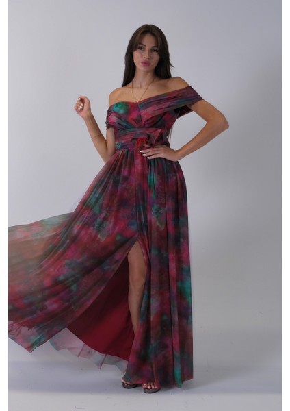 Bordo Beli Çiçek Detaylı Desenli Şifon Abiye 0801102.04 modelleri