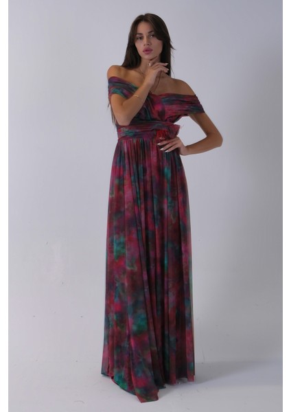 Bordo Beli Çiçek Detaylı Desenli Şifon Abiye 0801102.04 fırsatları