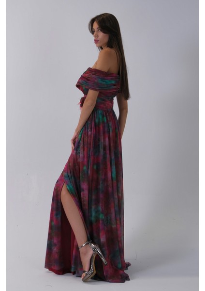 Bordo Beli Çiçek Detaylı Desenli Şifon Abiye 0801102.04 indirimleri