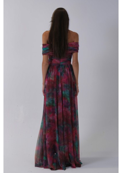 Bordo Beli Çiçek Detaylı Desenli Şifon Abiye 0801102.04