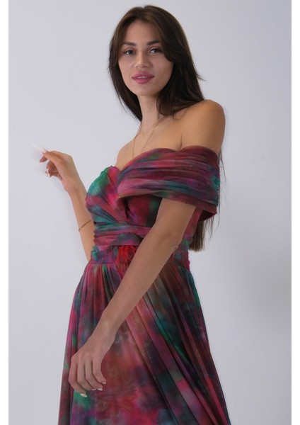 Bordo Beli Çiçek Detaylı Desenli Şifon Abiye 0801102.04