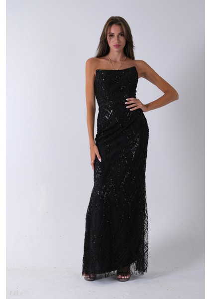 Siyah Üzeri Taş Işlemeli Sırt Bağlamalı Straplez Abiye 9705498.01 fiyatları