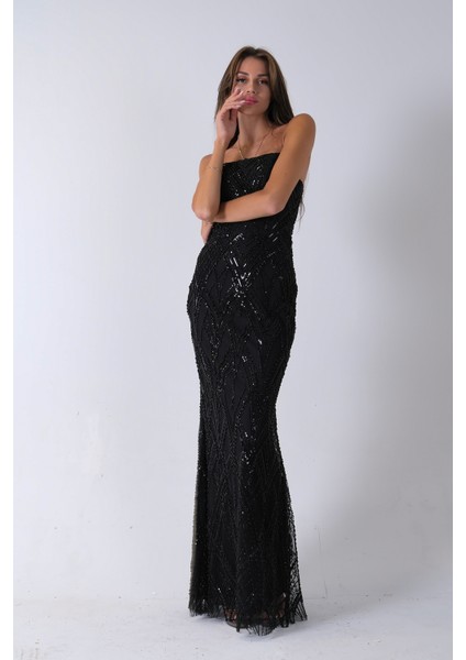 Siyah Üzeri Taş Işlemeli Sırt Bağlamalı Straplez Abiye 9705498.01 modelleri