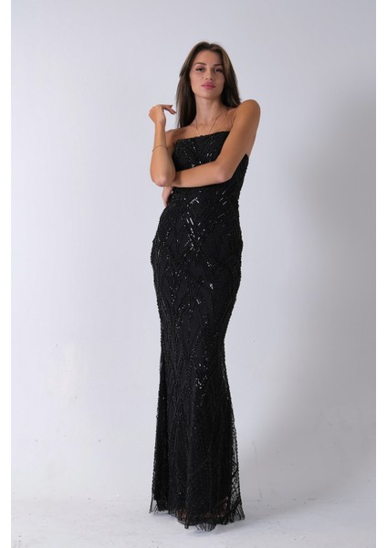 Siyah Üzeri Taş Işlemeli Sırt Bağlamalı Straplez Abiye 9705498.01 fırsatları