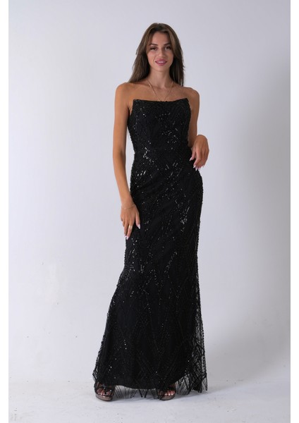 Siyah Üzeri Taş Işlemeli Sırt Bağlamalı Straplez Abiye 9705498.01 indirimleri