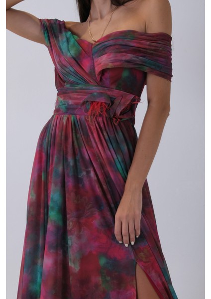 Bordo Beli Çiçek Detaylı Desenli Şifon Abiye 0801102.04