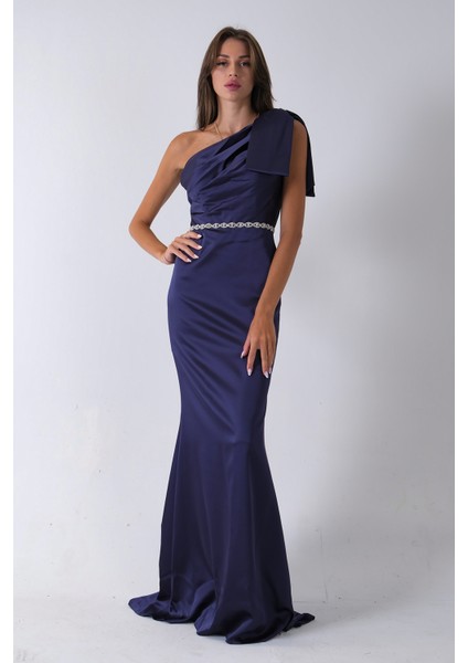 Lacivert Tek Omuz Drapeli Taş Detaylı Abiye 0801009.02