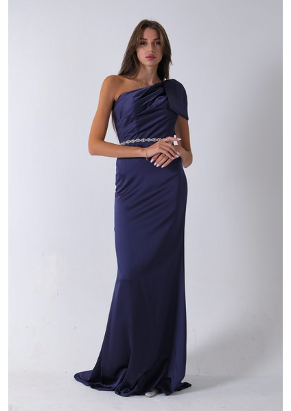 Lacivert Tek Omuz Drapeli Taş Detaylı Abiye 0801009.02 fiyatları