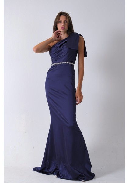 Lacivert Tek Omuz Drapeli Taş Detaylı Abiye 0801009.02 modelleri