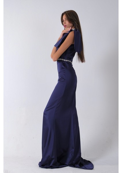 Lacivert Tek Omuz Drapeli Taş Detaylı Abiye 0801009.02