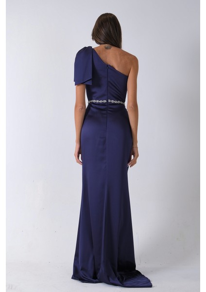 Lacivert Tek Omuz Drapeli Taş Detaylı Abiye 0801009.02