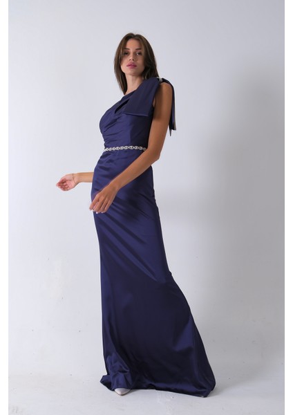 Lacivert Tek Omuz Drapeli Taş Detaylı Abiye 0801009.02