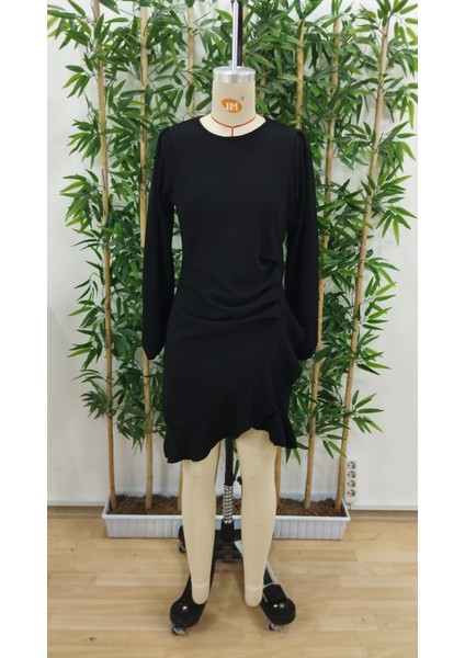 Kadın Uzun Kollu Bisiklet Yaka Önden Volanlı Ithal Krep Elbise