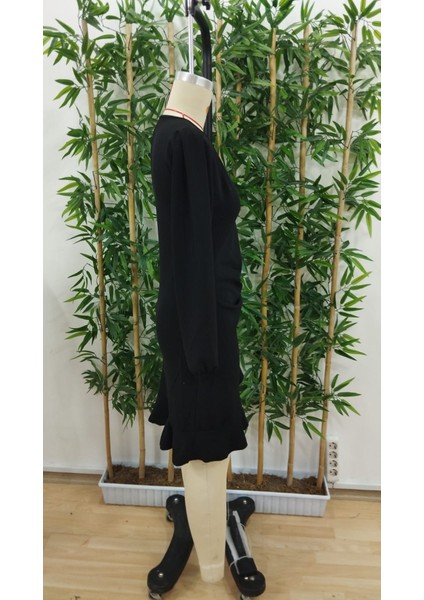 Kadın Uzun Kollu Bisiklet Yaka Önden Volanlı Ithal Krep Elbise