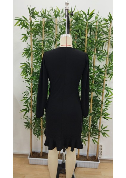 Kadın Uzun Kollu Bisiklet Yaka Önden Volanlı Ithal Krep Elbise