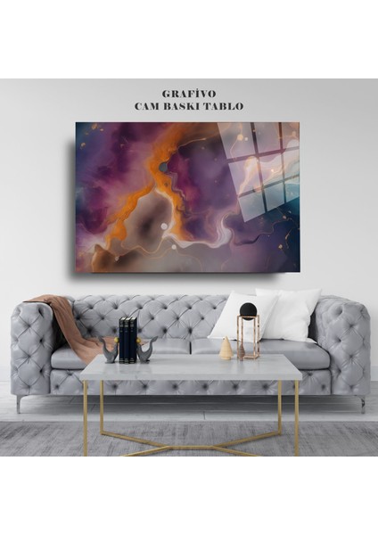 Soyut Mor & Turuncu Cam Tablo – Modern Mermer Desenli Premium Tasarım