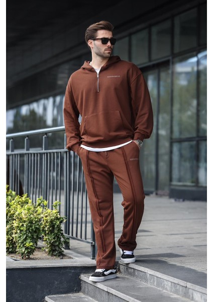 Acı Kahverengi Yarım Fermuarlı Kapüşonlu Erkek Eşofman Takımı E7332